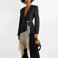 blazer black white women irregular tassel hem embroidery jacquard slim waist suit 2021 woman spring autumn brand vintage blazer