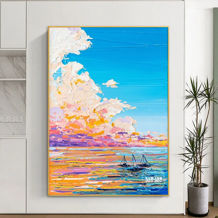 

Beautiful Scenery Wall Painting Frameless Abstract Canvas Art Acrylic Decor Picture Seascapes With Boats Hand Painted Artwork