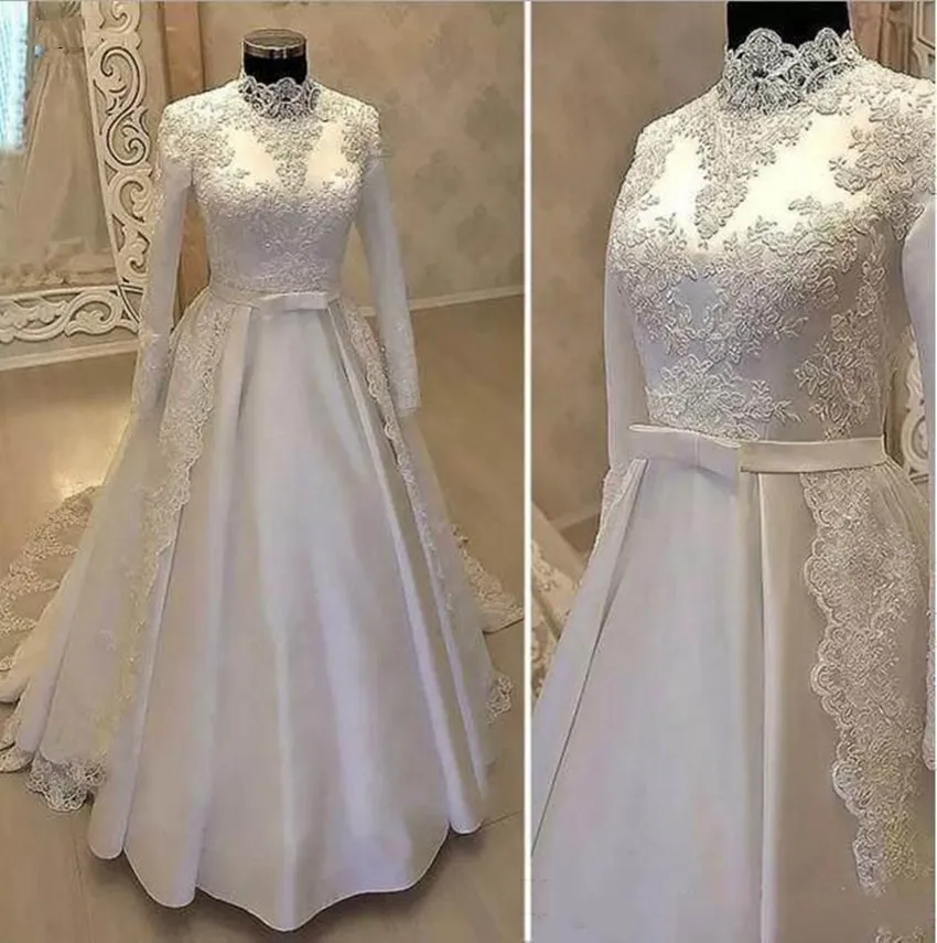 

Dubai Arabic Muslim Wedding Dresses 2023 White Lace Applique Satin High Neck Ball Gown Robe De Mariage Long Sleeves Bridal Dress