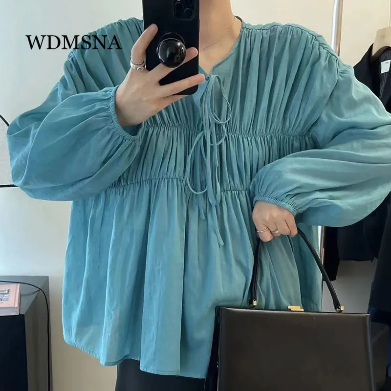 

WDMSNA Korean Chic Temperament Blue Lace-up Blouses Womens Autumn New Pleated Blusas De Mujer Long Sleeve Thin Sunscreen Shirt