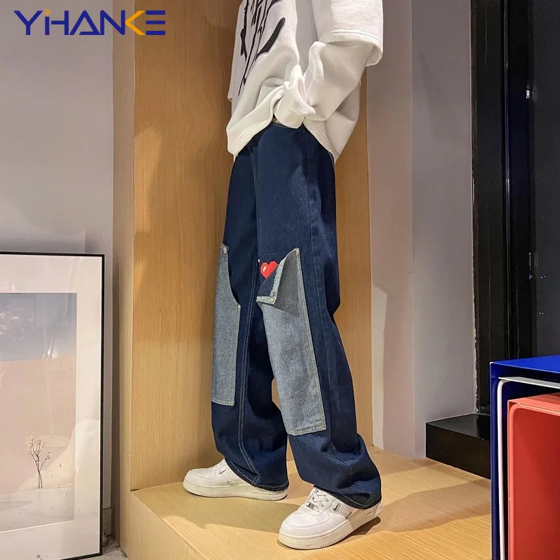 YIHANKE Colour Block Cargo Jeans Patchwork Jeans High Street  Vintage Jeans Men Distressed Baggy Jeans Top Quality Streetwear