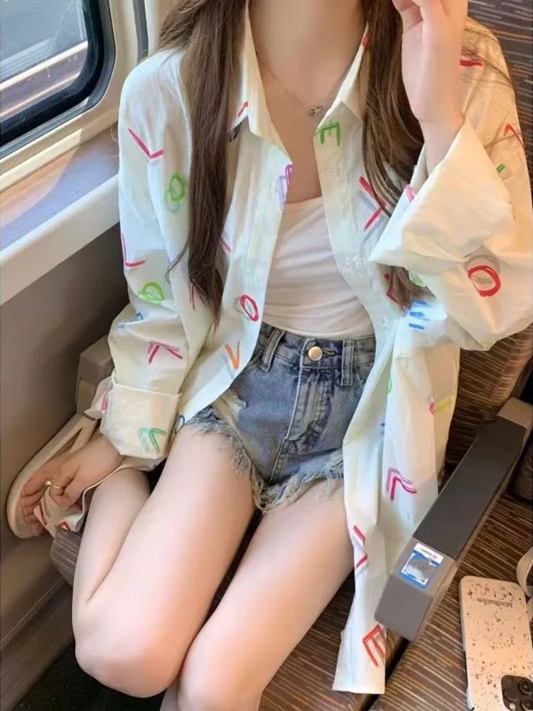 

Hikigawa Summer Chic Fashion Blouse Turn Down Collar Vintage Letter Print Elegant Shirt All Match Casual Blusas Mujer De Moda