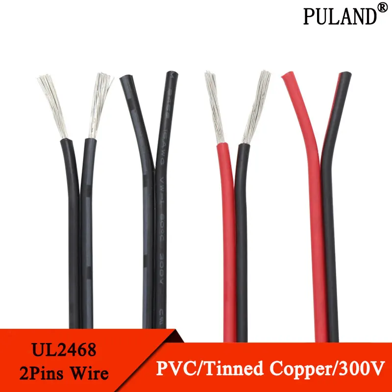 

5m/10m UL2468 2 Pins Electrical Wire Tinned Copper Insulated PVC Extension LED Strip Cable 16/18/20/22/24/26/28/30 Gauge AWG