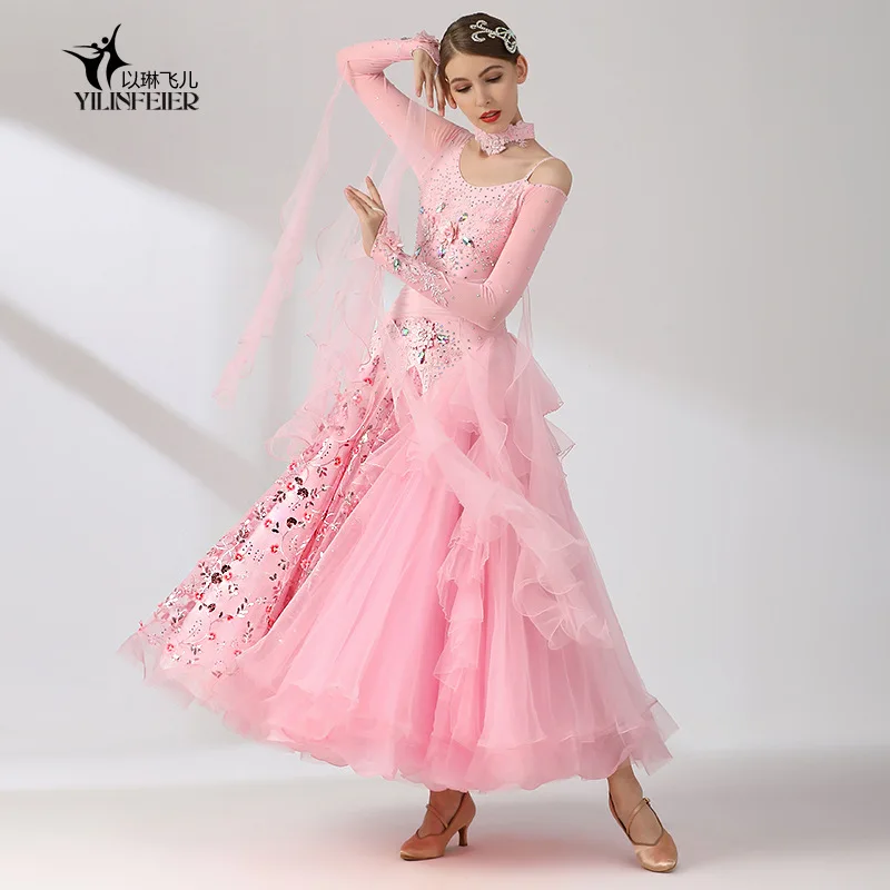 

Pink Spandex Modern Dance Dress with Embroidery Pattern Modern Dance Performance Costume Ballroom Dancewear For Women M22042
