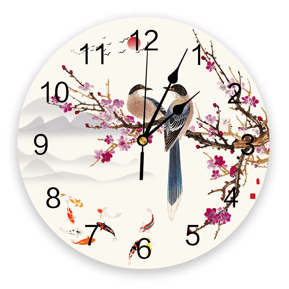 

Круглые Настенные часы в китайском стиле с изображением цветущей сливы, волшебного карпа, часы с беззвучным временем, украшение для гостиной и офиса