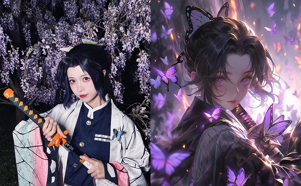Peruca de Cosplay Shinobu com Presilhas de Borboleta Peruca de Cosplay de Demon Slayer com Rabo de Cavalo Kimetsu no Yaiba
