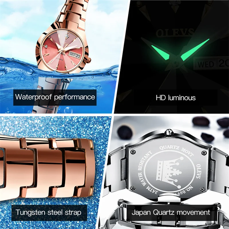 OLEVS Couple Watch Fashion Tungsten Steel Quartz Watches for Women Mens Top Brand Luxury Waterproof Luminous Week Calendar