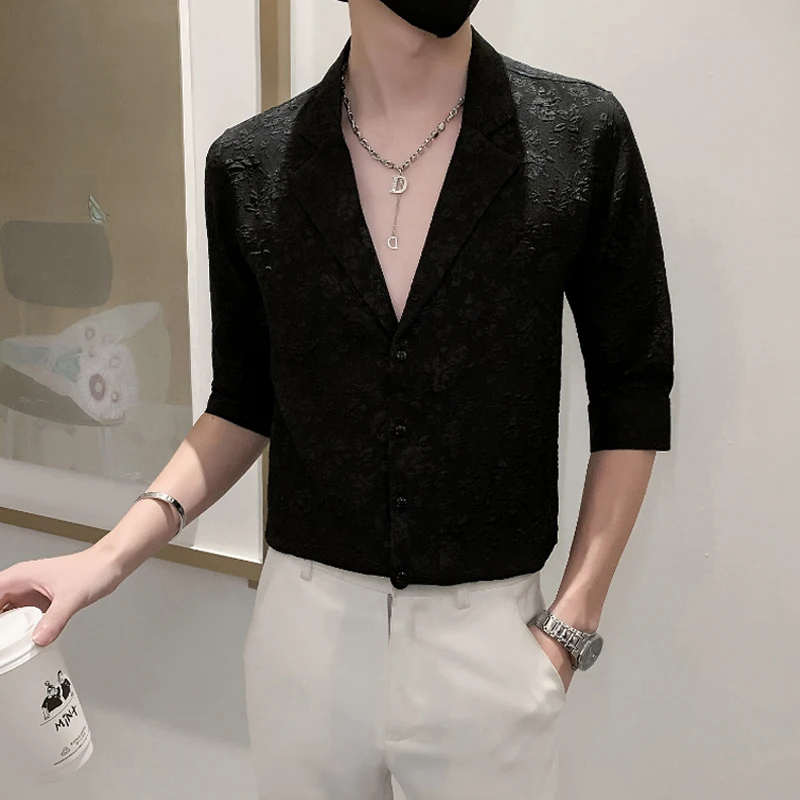 

Jacquard Floral Casual Suit Collar Three-Quarter Sleeves Shirt Men Summer New Quality Soft Comfortable Icy Cool Camisa Masculina