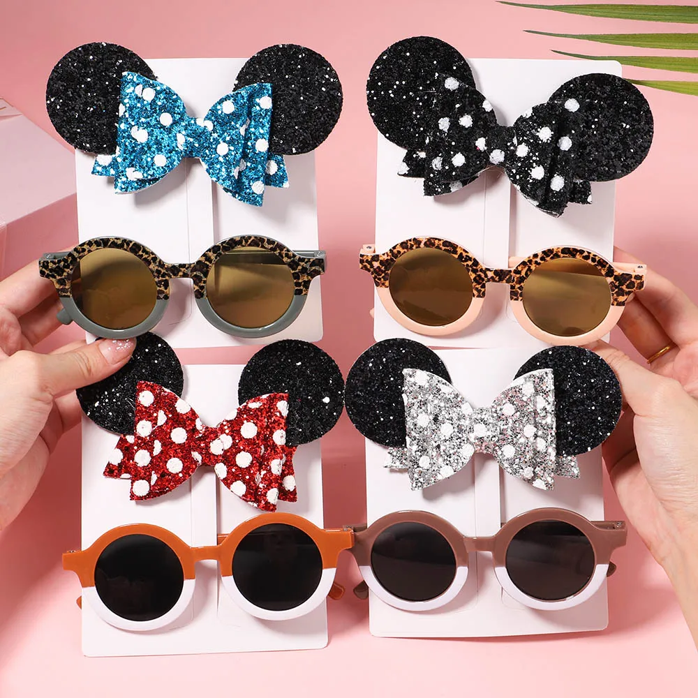 

2Pcs/set Leopard Print Sunglasses Glitter Cute Mouse Bowknot Hair Clips Kids Hairpin for Girls Headwear Fashion Hair Accessories