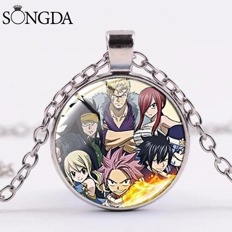 

Anime Fairy Tail Necklace Cartoon Patterns Handmade Glass Cabochon Pendant Zinc Alloy Chain Necklace for Men Women Jewelry Gift