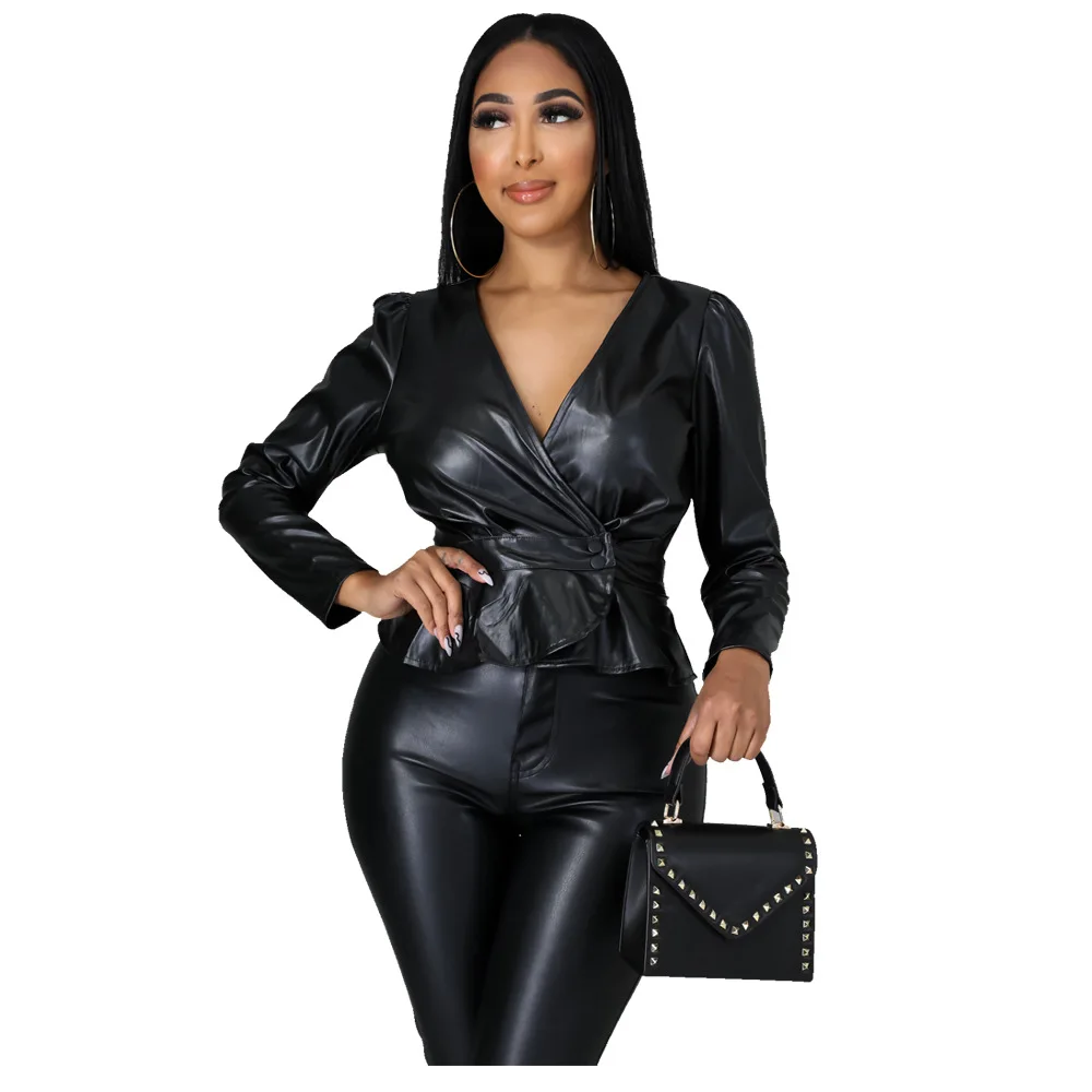 Autumn and Winter Women's Flocking Leather Long Sleeve V-neck Button Fashion Pu Leather Coat  Winter Coat Women  Faux Leather