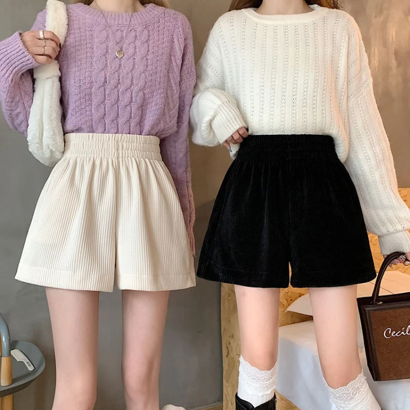 Corduroy Shorts for Women Summer Korean Fashion Casual Loose Wide Leg Elastic Waist Shorts All-match Ladies Streetwear Bottoms