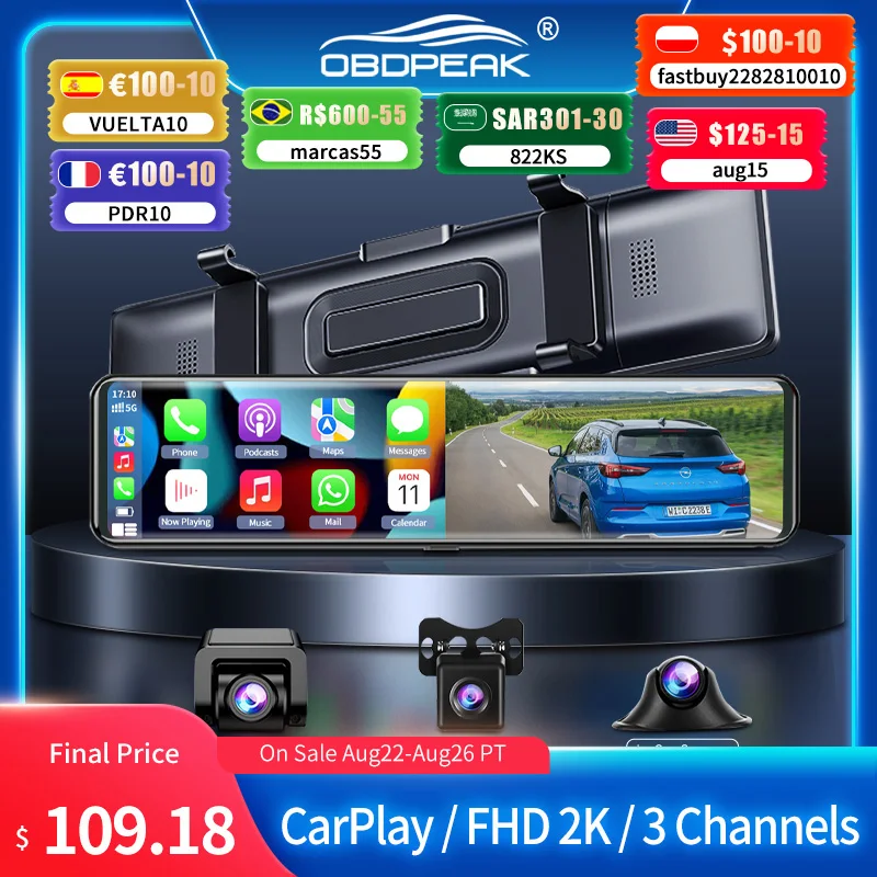 K1 Dash Cam WIFI Wireless Carplay & Android Auto 1440P 3 Cameras Rearview Mirror GPS Navigation BT Car DVR Video FM Transmission