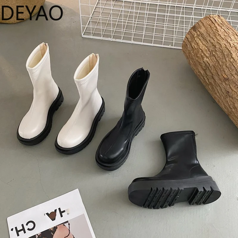 

2022 Autumn Platform Women Ankle Boots Fashion Square Toe Back Zipper Ladies Flats Heel Short Boots Woman Boots Shoes