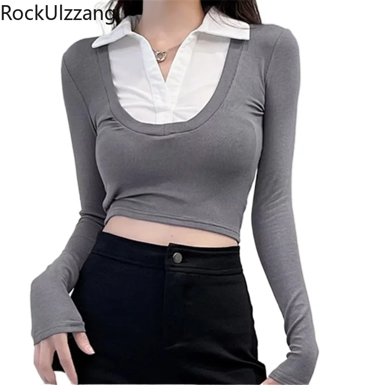 

Patchwork Colorblock Contrast Shirt Neck Long Sleeve Crop Top Elegant T-Shirt Women sexy fashion y2k clothes fall cropped autumn
