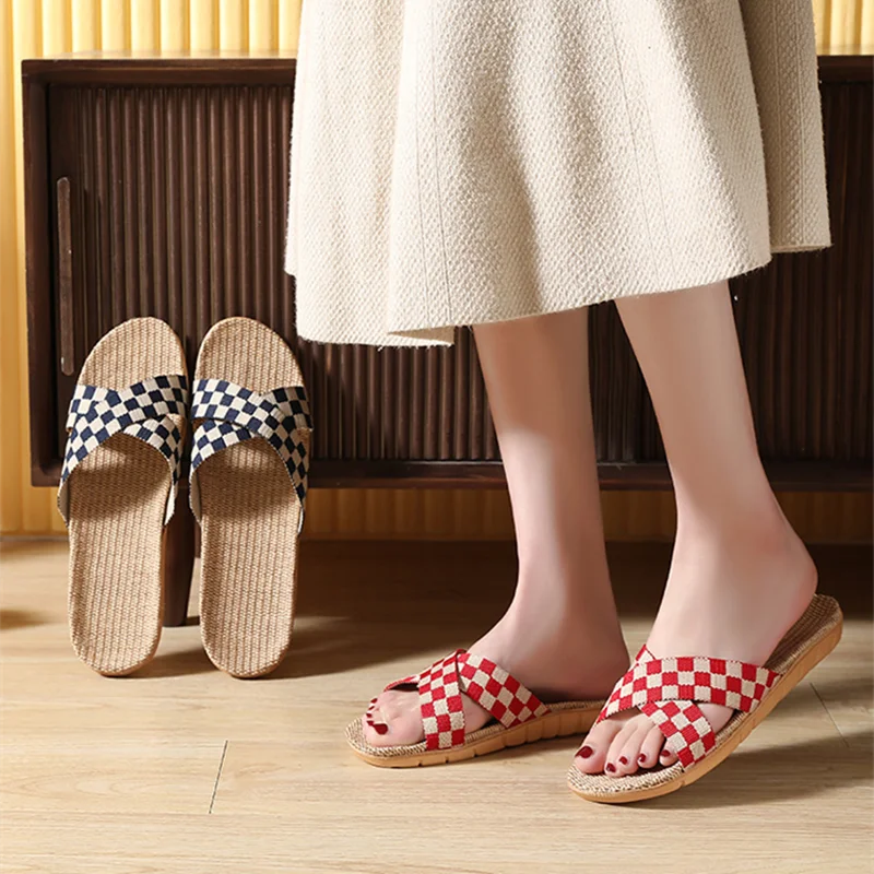 

Suihyung 2022 Summer Home Shoes Cross Belt Linen Slippers Comfortable Non-slip Flat Slides Lovers Female Plaid Flax Flip Flops