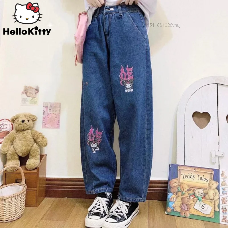 Sanrio Kuromi Print High Waist Fashion Jeans Women Girls Wide Leg Loose Pants Female Streetwear Straight Tube Denim Trousers Y2k