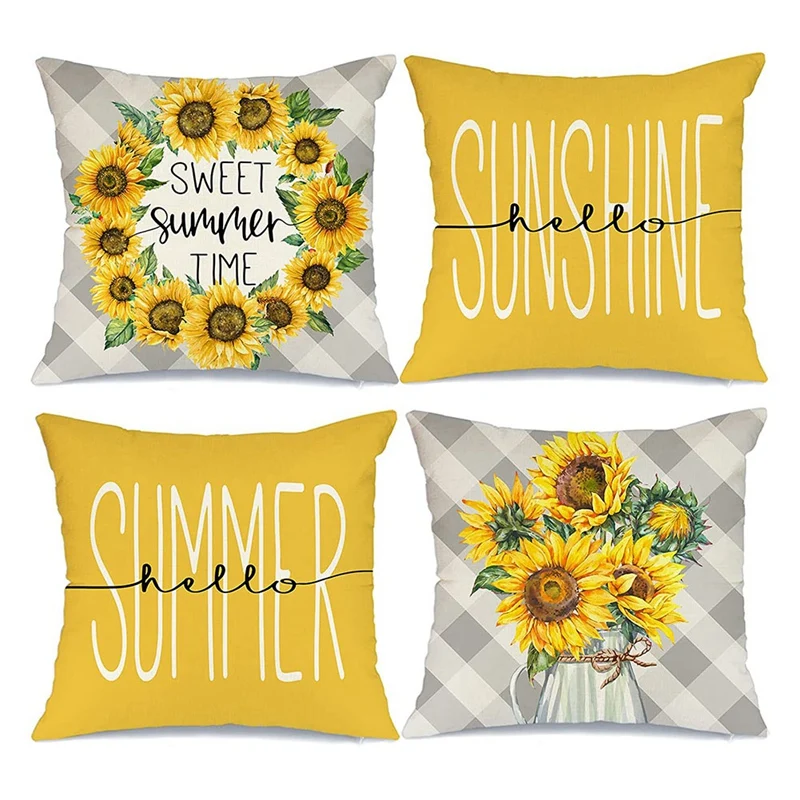 

Summer Pillow Covers 18X18 Set Of 4 Summer Decorations Farmhouse Throw Pillows Buffalo Plaid Cushion Case For Couch