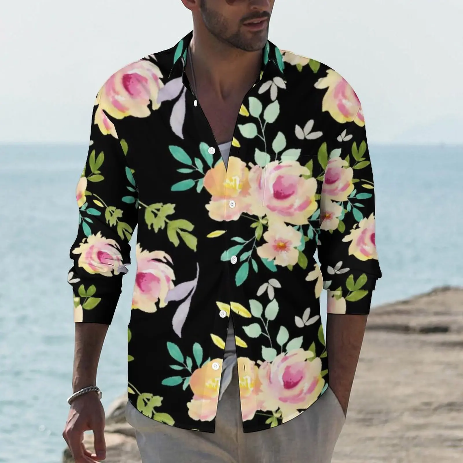 

Рубашка мужская с акварельным цветочным принтом, Повседневная Блузка с розовыми и персиковыми цветами, уличный стиль, модные топы оверсайз, весна