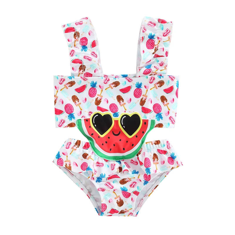 

1-5T Sweet Cute Girl's Swimsuit Ice Cream Pineapple Print Sleeveless Patchwork Watermelon Pattern Ruffle Bodysuit Swimwear