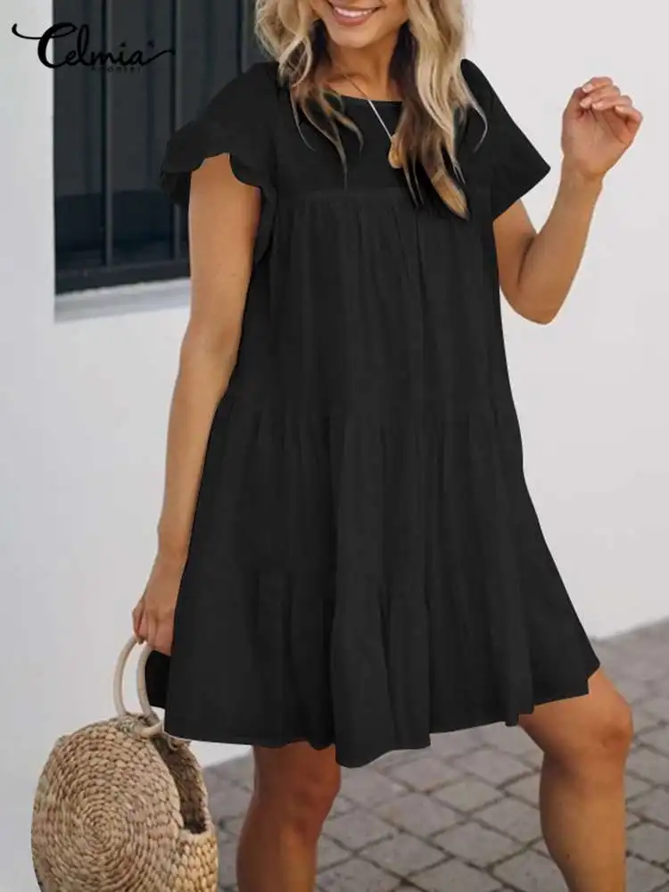 

Женский мини Сарафан с коротким рукавом, модное летнее богемное платье с оборками Celmia 2022, повседневные однотонные свободные платья, уличная...