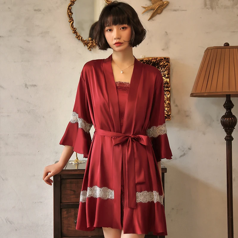 

Robes for Women Sleepwear Sexy Lingerie Satin Lace Bathrobe Sleeping Dress Soft Home Wear Bath Robe Nightgown Sleep Tops 2022