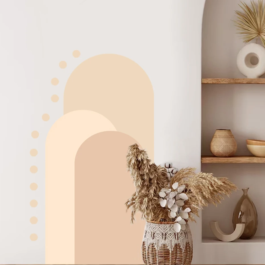 

Настенные виниловые стикеры в стиле бохо, съемные геометрические стикеры в форме арки и точек, бежевые и Розовые наклейки для интерьера гос...