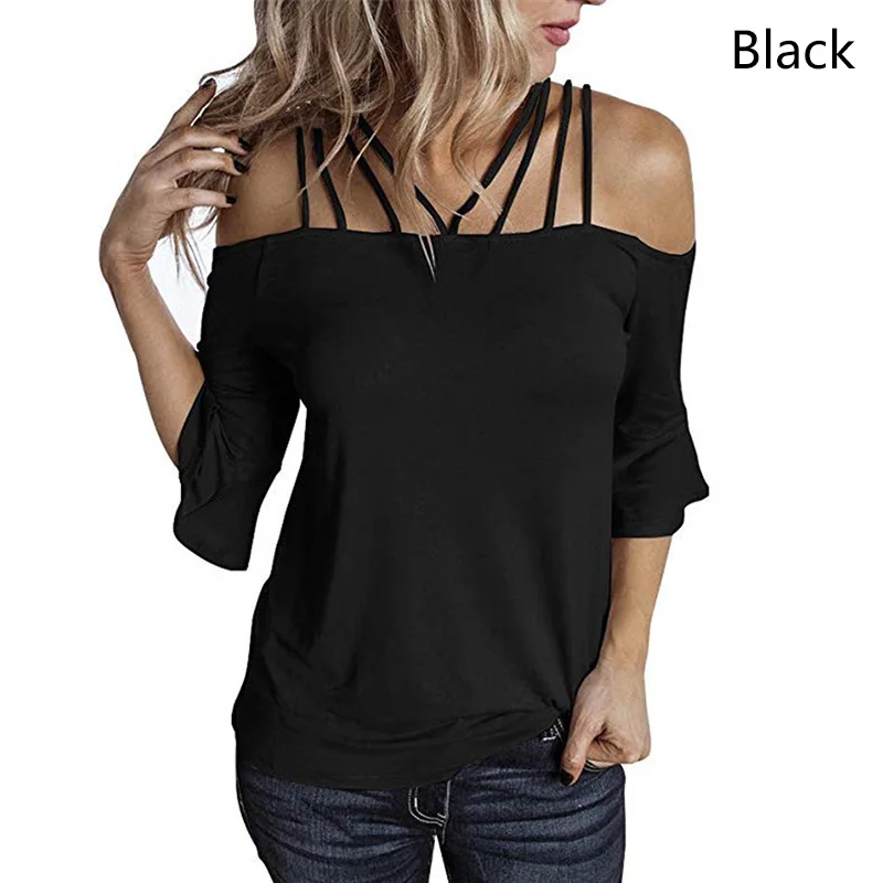 

Pullover Flared Sleeve Women Slash neck None T-Shirt All-Season Spandex 3/4 Sleeve Acrylic Backless Sexy Solid