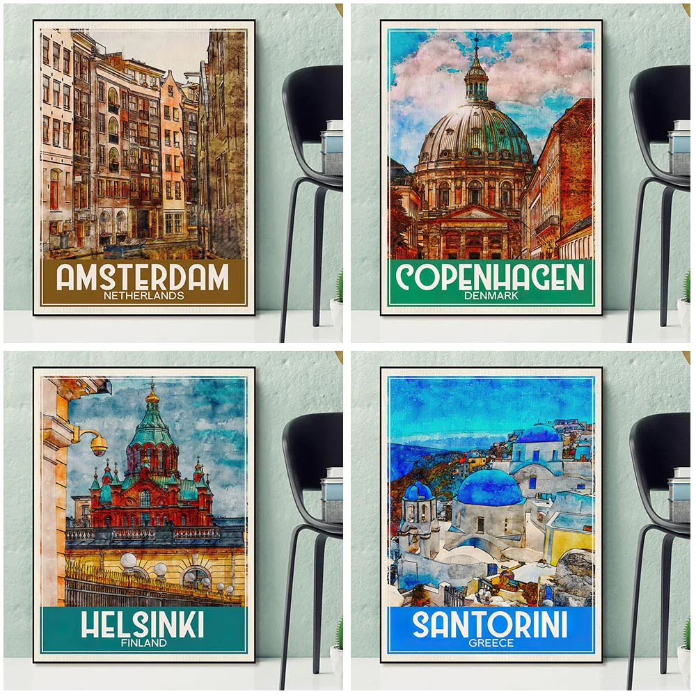 Амстердам, Копенгаген, Хельсинки, здание города анторини, настенное искусство, холст, печать, голландский путешествия, художественный постер, печать, Декор без рамки