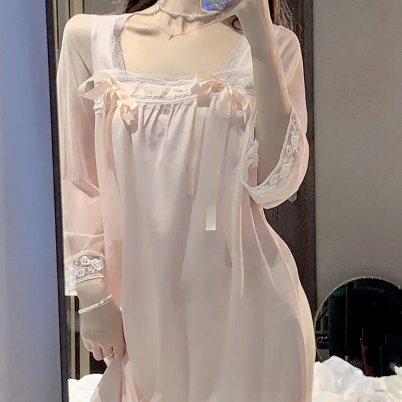 

Women Hanfu Sleepwear Square Neck Lace Trim Nightgown Princess Home Dress Gown Loose Sleepshirt Outwear Baggy Nightwear Homewear