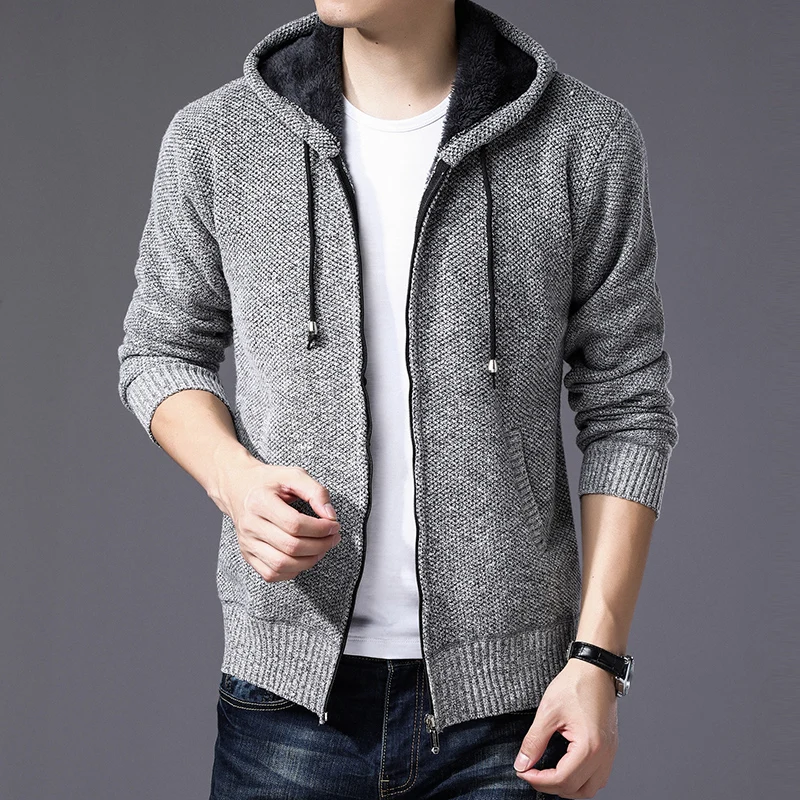 Men's Autumn and Winter Plus Velvet Thick Wool Cardigan Jacket Casual with Hood 4 Colors Optional Self-cultivation Daily Comfort