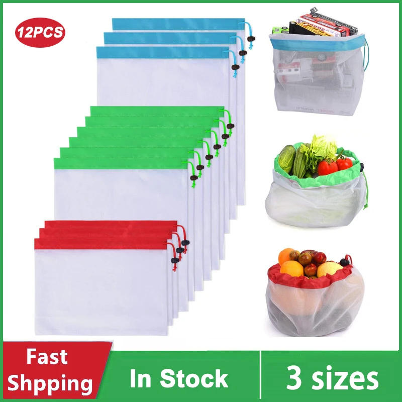 

3 Sizes Reusable Mesh Produce Fruit Bag Washable Eco-Friendly Bags for Grocery Shopping Storage Vegetable Toys Sundries Bag