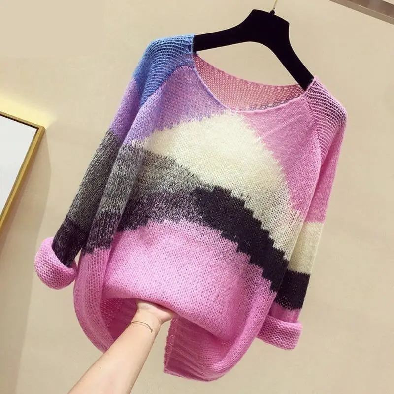 

Fashion V-Neck Spliced All-match Hollow Out Tie Dye Sweater Women's Clothing 2022 Autumn New Casual Pullovers Loose Korean Tops