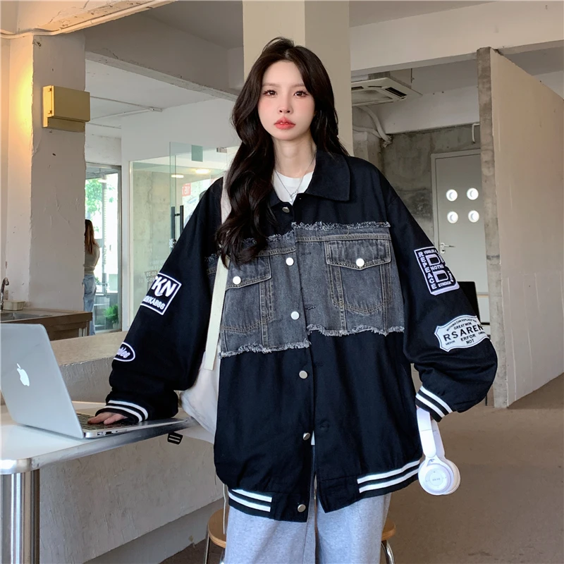 

2022 Live Shot of Original Black and White Denim Cloth With Inner Jacket Embroidered Baseball Women Free Shipping