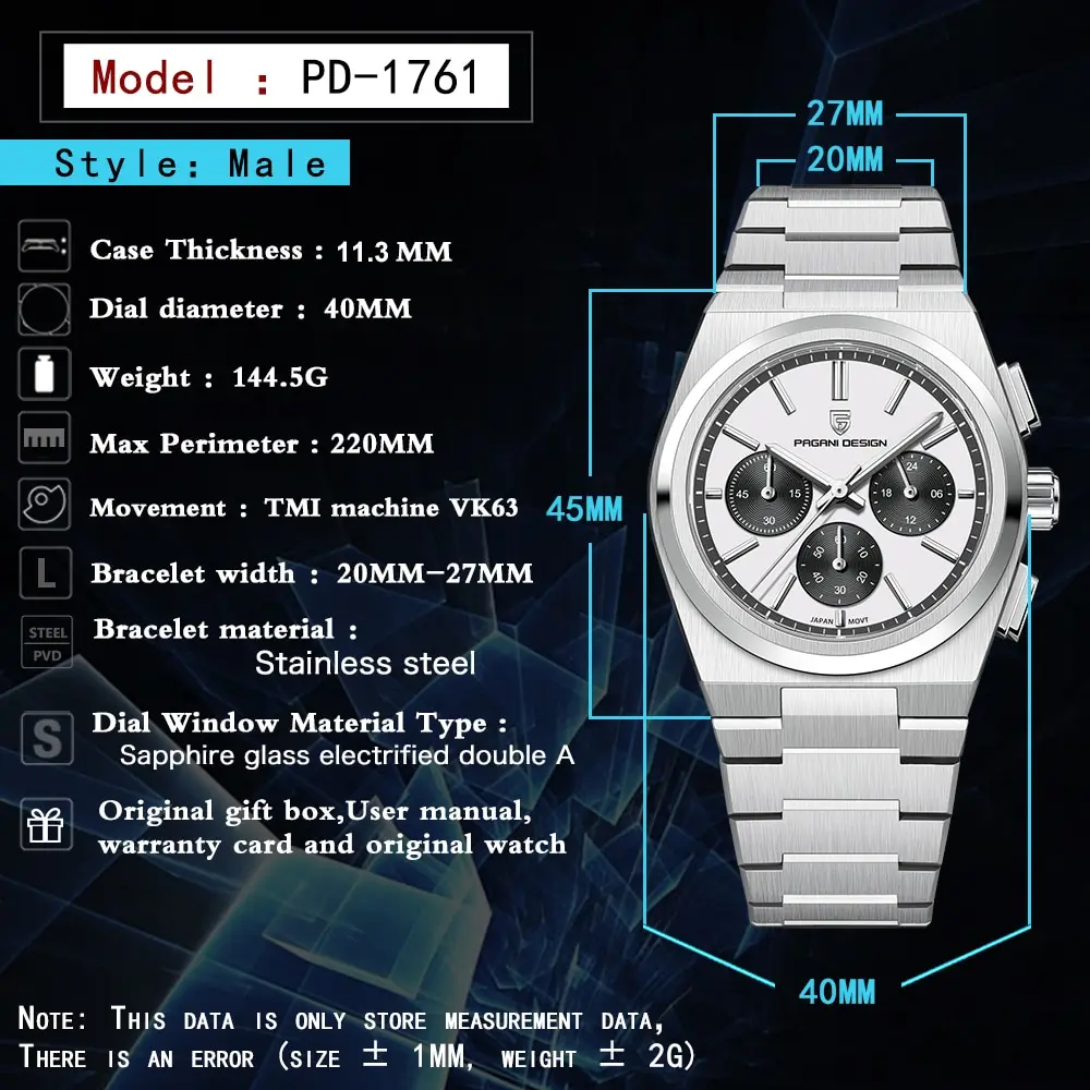 New 2023 PAGANI DESIGN VK63 Chronometer Men Quartz Watches Sport Sapphire Stainless Steel Waterproof Classic Relogios Masculinos enlarge