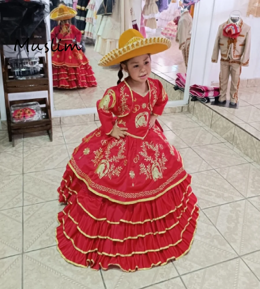Фото Folklorico мексиканское платье с цветочным узором для девочек с курткой, красное платье, мини-платье Quinceañera, пышное платье Мариичи для дня рождения по индивидуальному заказу №2