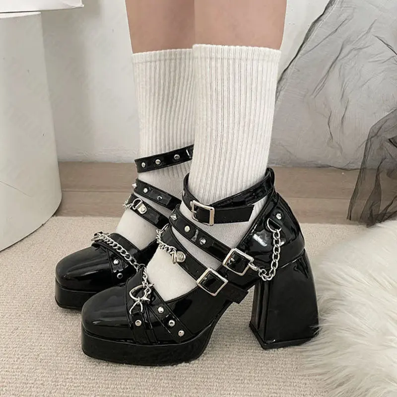 

Autumn Brand Chain Lolita Mary Janes Women High Heels Shoes 2022 New Fashion Thick Pumps PU Leather Square Toe Sandals Zapatos