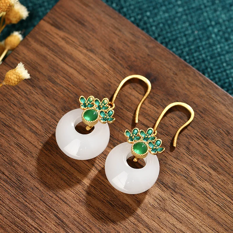 

Chinese Court Style Cheongsam Hanfu Accessories and Tian Jade Earrings Female Flower Group Safety Buckle Vintage Earrings