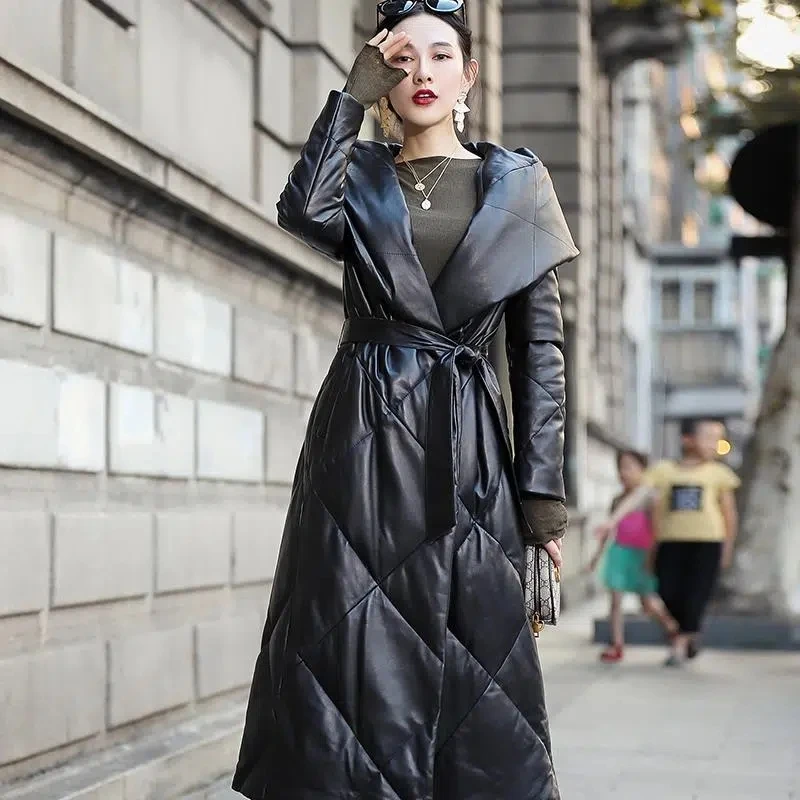 High-End Temperament Leather Down Jacket Women's Winter 2022 New Mid-Length Hooded Parkas Thickened White Duck Down Coat Female