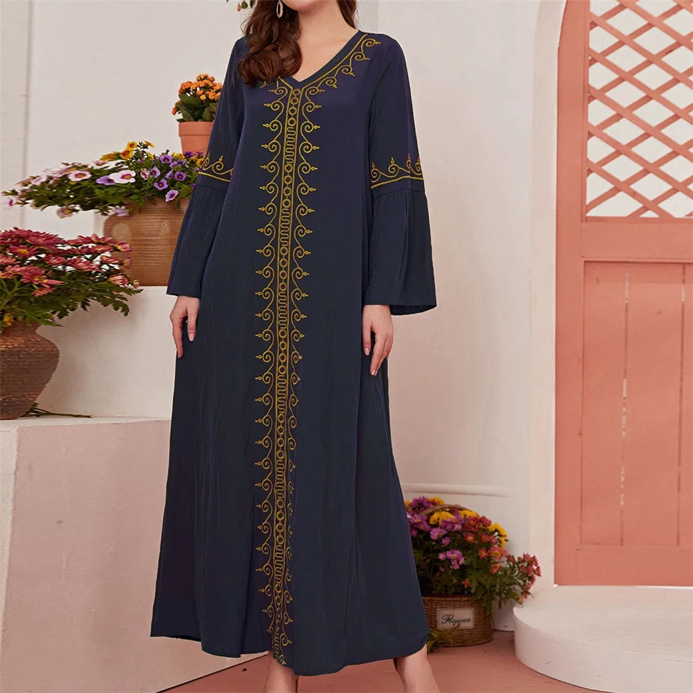 Платье в мусульманском стиле, свободный голубой расклешенный пуловер с вышивкой в национальном ретро-стиле, абайя, арабский, Ближний Восток...