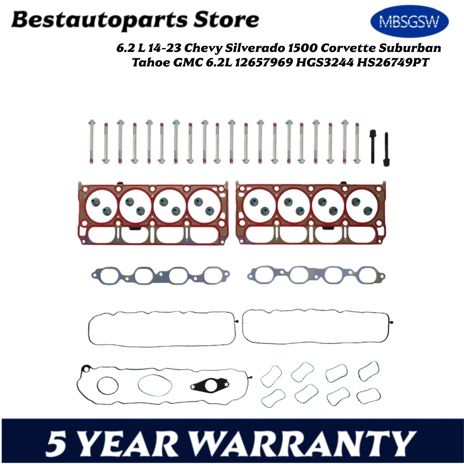 

Комплект прокладок головки двигателя для 6,2 л 14-23 Chevy Silverado 1500 Corvette Suburban Tahoe GMC 6,2 л 12657969 HGS3244 HS26749PT