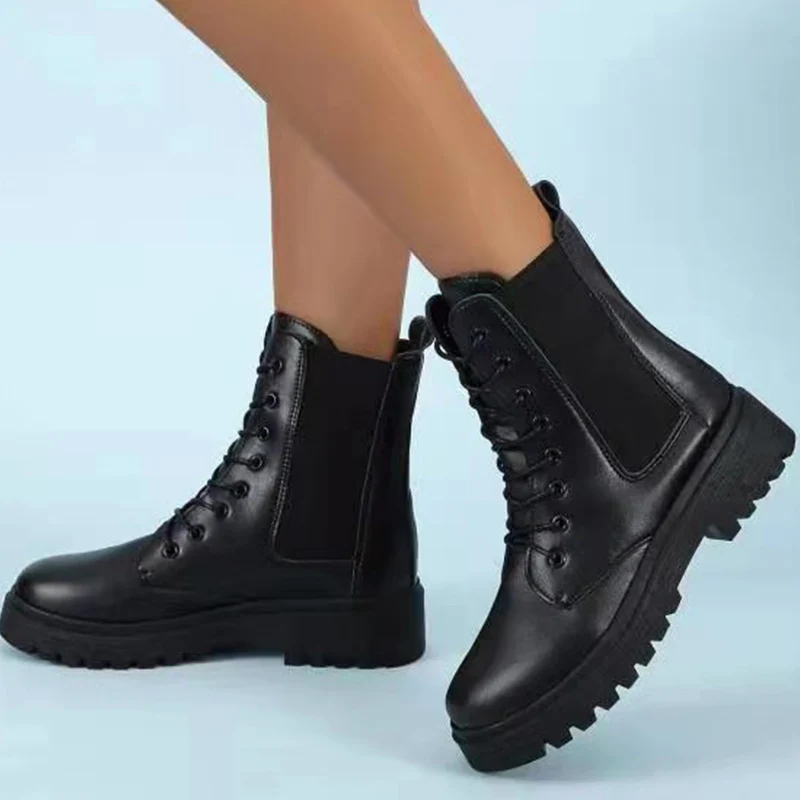 

Зимние новые ботильоны челси на массивной платформе со шнуровкой, женская обувь, теплые спортивные мотоциклетные ботинки из искусственной ...