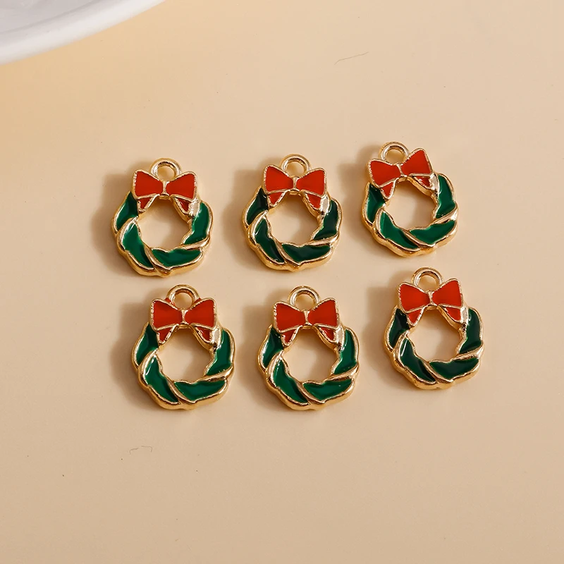 

10pcs 10x13mm Cute Enamel Christmas Wreath Charms for Jewelry Making Earrings Pendants Necklaces New Year Party Decoration Gifts