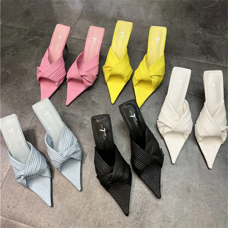 Women's Sandals and Slippers 2023 Spring and Summer Cross High Heels Design Sense Niche Solid Color Pointed Toe Outer Wear