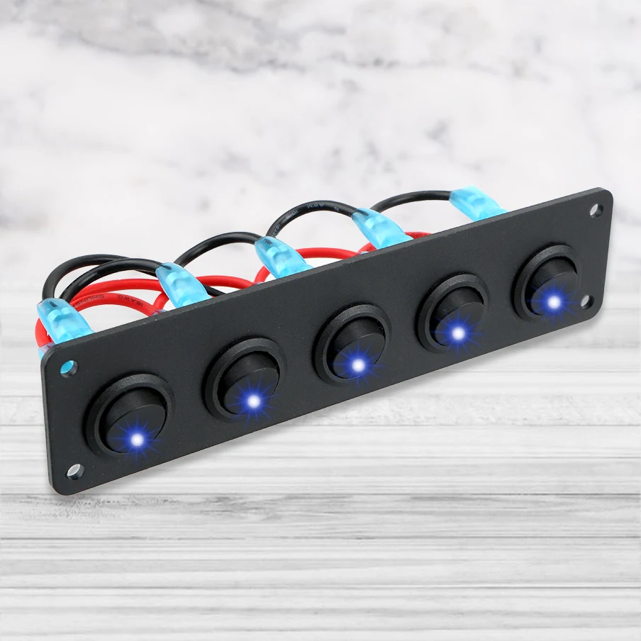 

12-24V Waterproof 5 Gang Outlet Combination Blue LED for RV Boat Yacht Marine Car Marine Round Dash Rocker Toggle Switch Panel