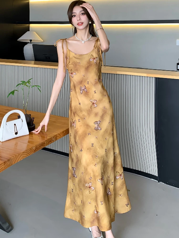 Новинка 2024 модное шикарное длинное платье на бретельках с бантом летнее