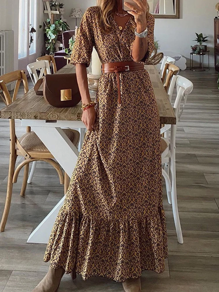 

Summer Fashion Green Maxi Dress Women Boho Floral Long Beach Dress Casual V Neck Short Sleeve Print Dress Loose Ruffle Dress