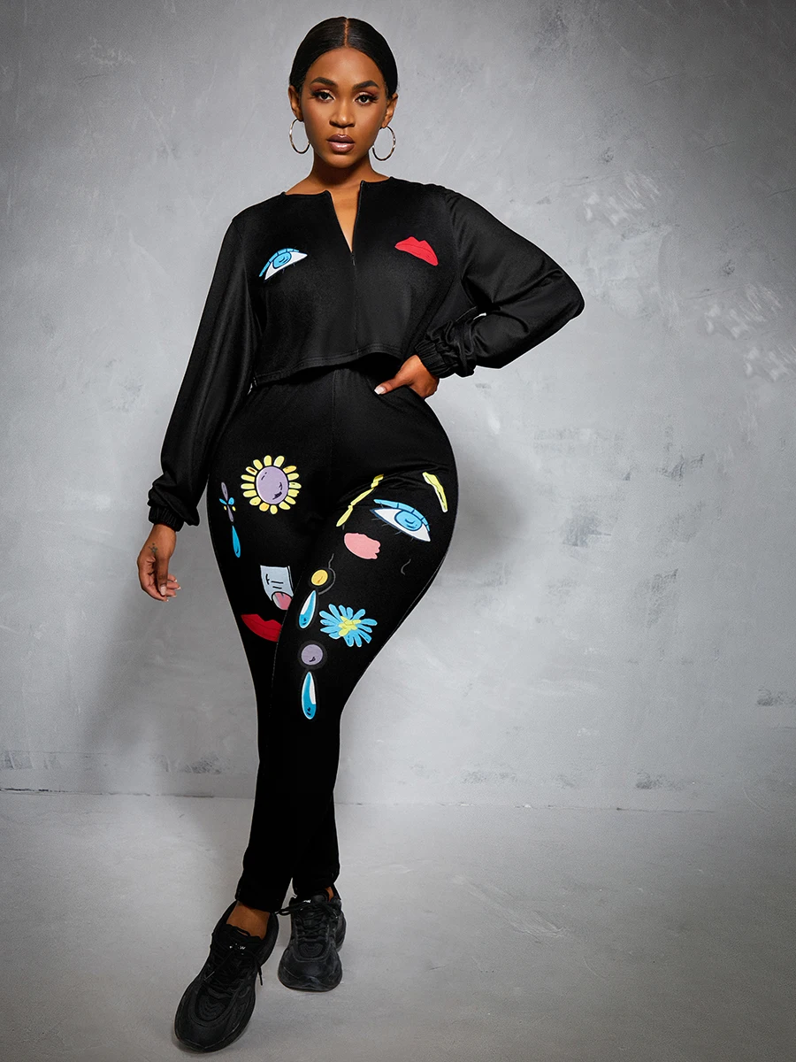 

LW V Neck Sun-shaped Print Pants Set Long Sleeve V Neck Top And Sheath Trousers Matching Outfits Fashion Streetwears 2PCs