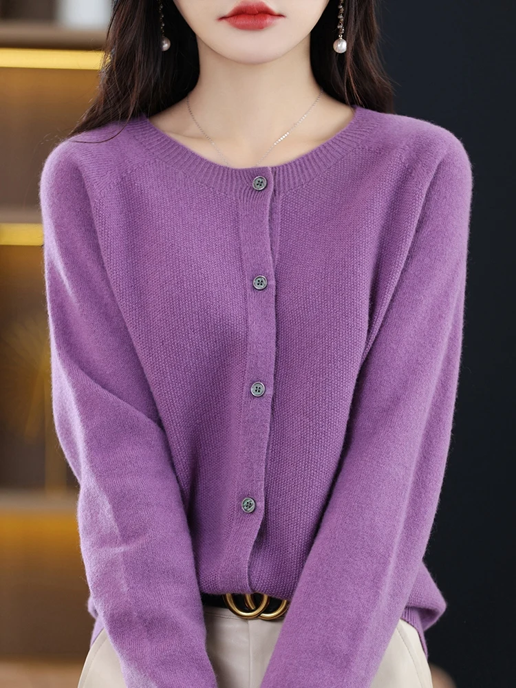 Женский модный кардиган из мериносовой шерсти свитер с круглым вырезом и длинным