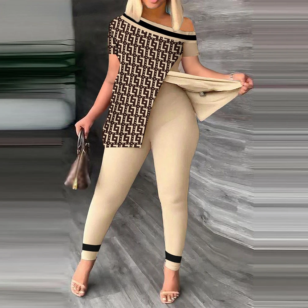 

Summer Fashion Printed Two Piece Set Women Causa Off Shoulder Short Sleeve Split T-Shirt Leggings Slim 2 Piece Suit Women